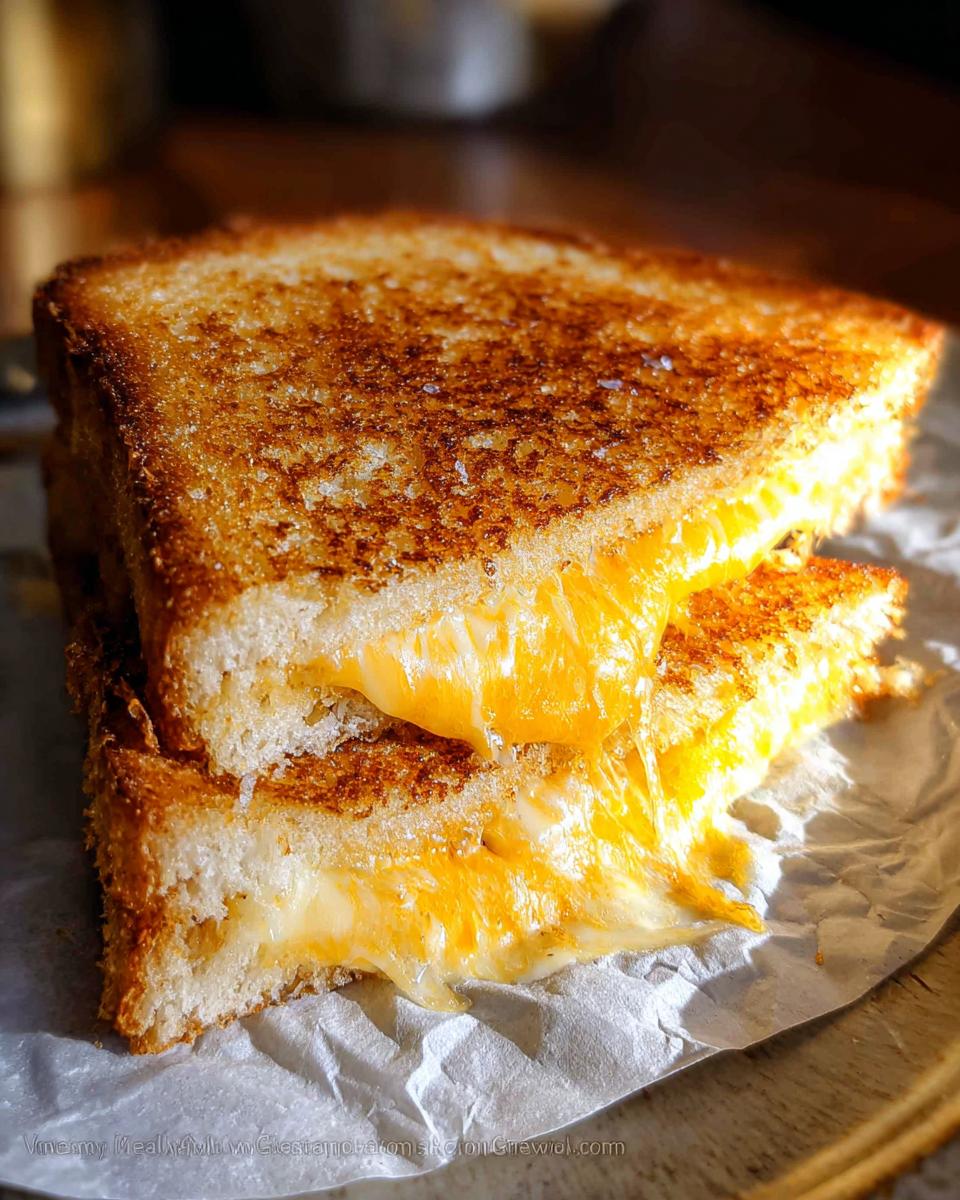 Close-up of a perfectly grilled cheese recipe sandwich, with gooey melted cheese oozing out.
