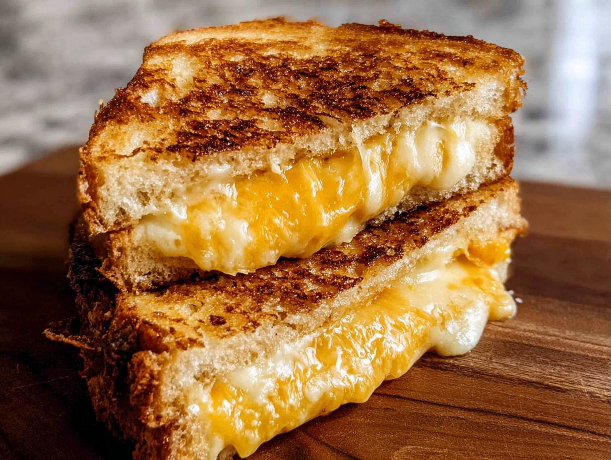 A close-up of a perfectly grilled cheese recipe with melted cheese oozing out.