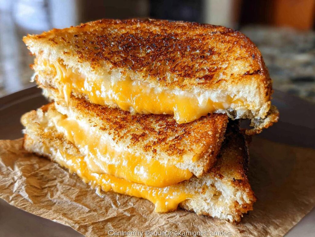 A stack of two golden-brown grilled cheese sandwiches, oozing with melted cheese.