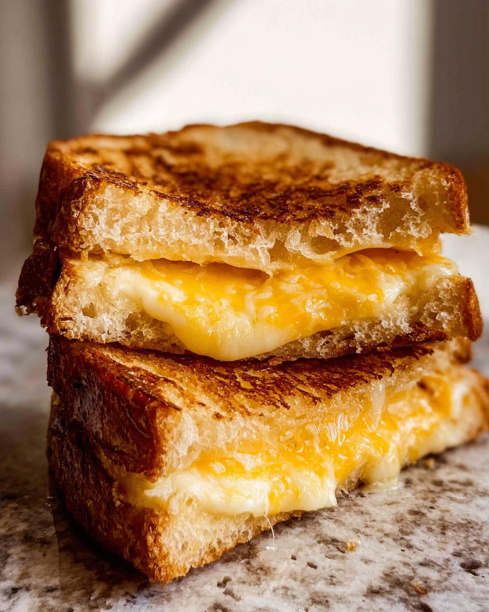 A close-up of two stacked grilled cheese sandwiches, with gooey melted cheese oozing out.