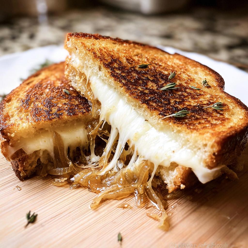 A perfectly grilled cheese sandwich cut in half, with melted cheese oozing out, showcasing caramelized onions.