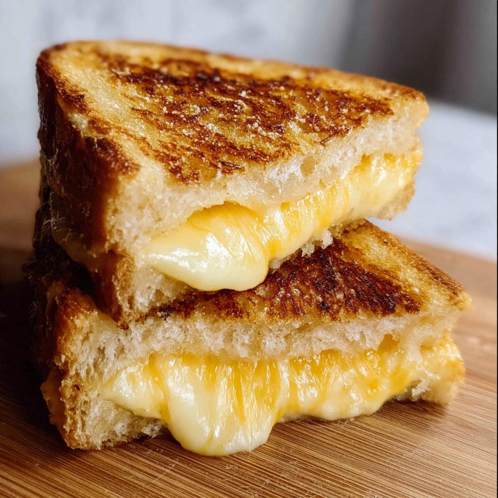 A close-up of two stacked grilled cheese sandwiches with gooey, melted cheese oozing out.