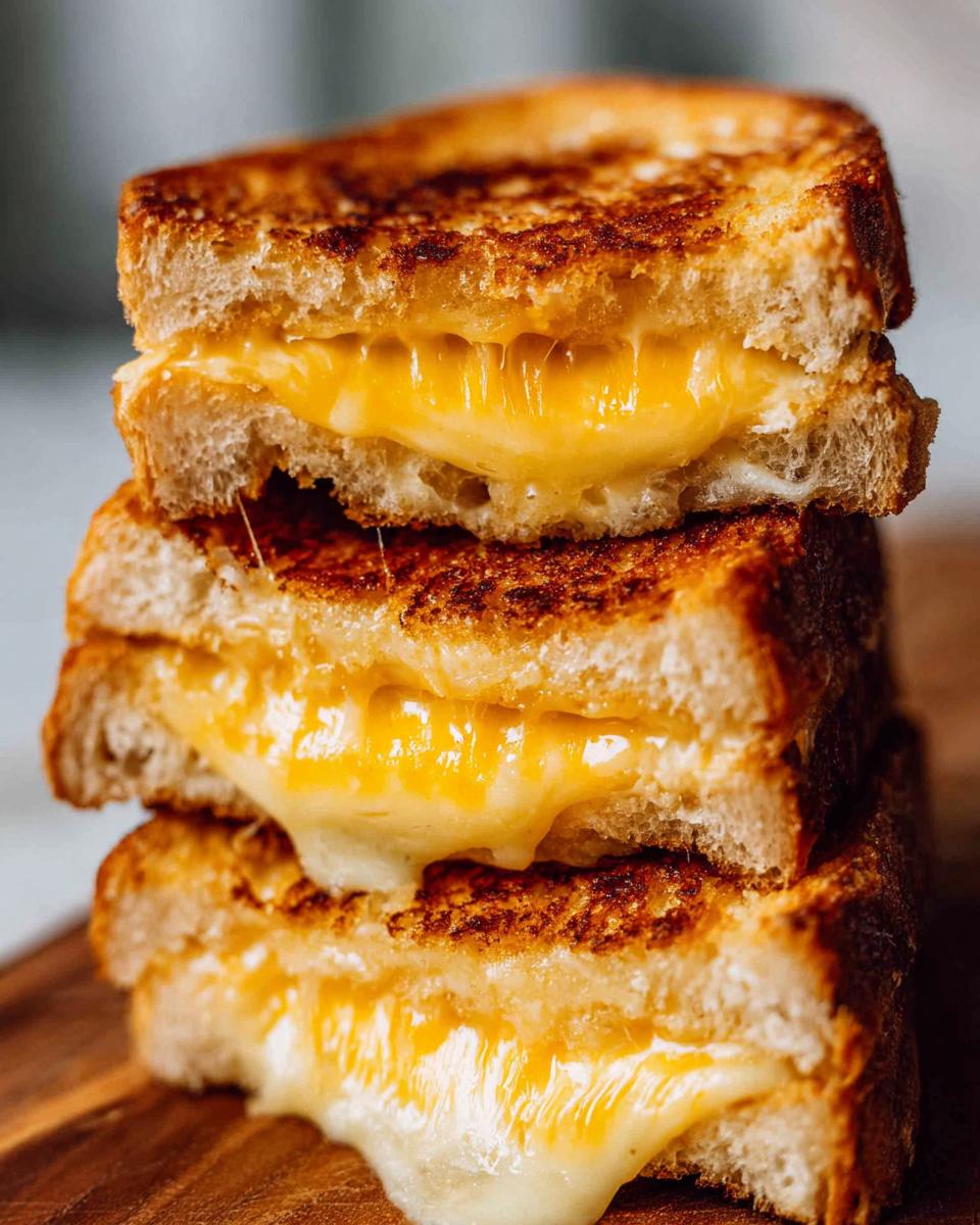 A stack of three golden-brown grilled cheese sandwiches with gooey, melted cheese oozing out.