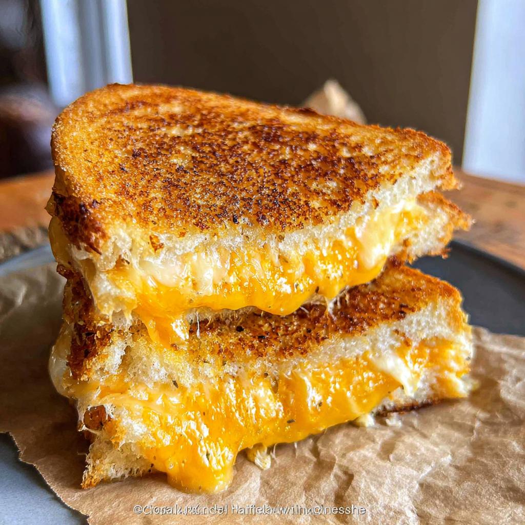Close-up of a perfectly grilled cheese sandwich, oozing with melted cheddar cheese.