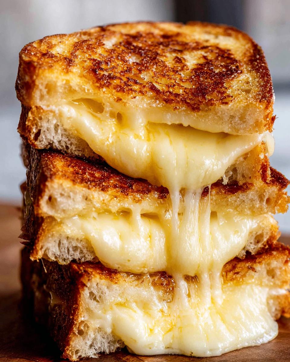 A stack of three golden-brown grilled cheese sandwiches with gooey, melted cheese oozing out.