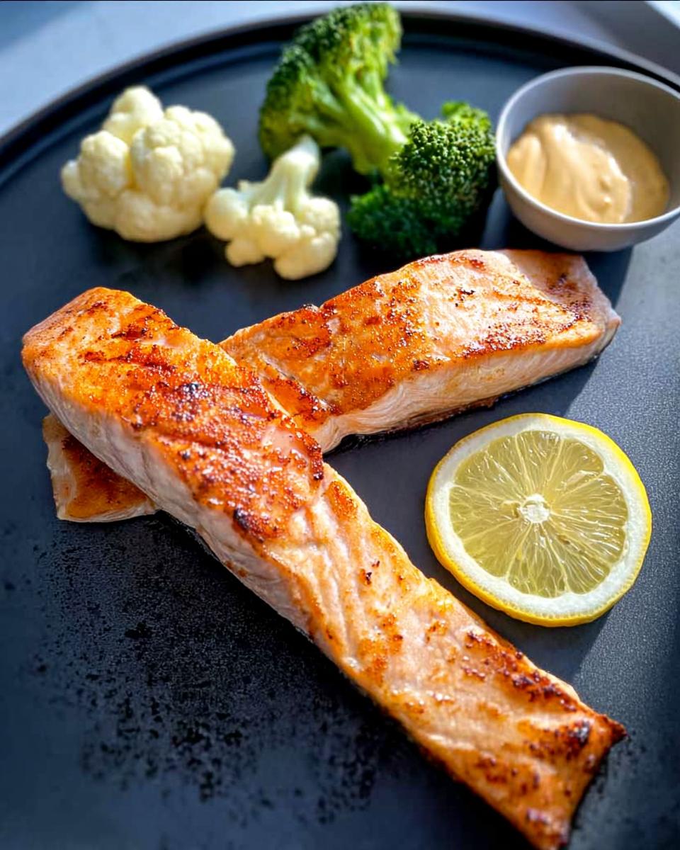 Two grilled salmon fillets served with steamed broccoli, cauliflower, a lemon slice, and a dipping sauce. Part of 12-Ingredient Salmon Recipes.