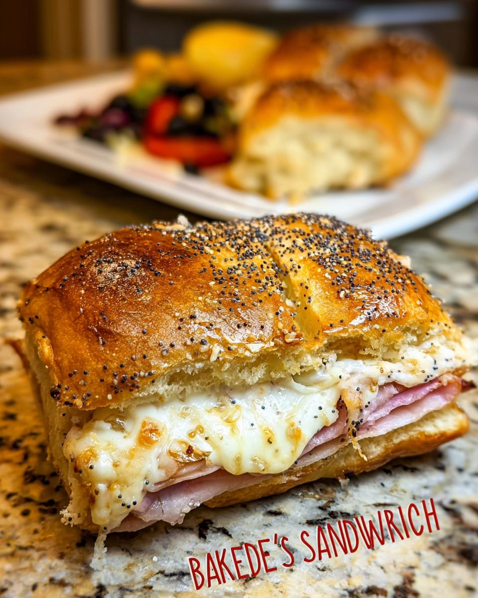 A close-up of a ham and cheese sandwich with melted cheese and poppy seeds on a bun, part of sandwich ideas recipes.