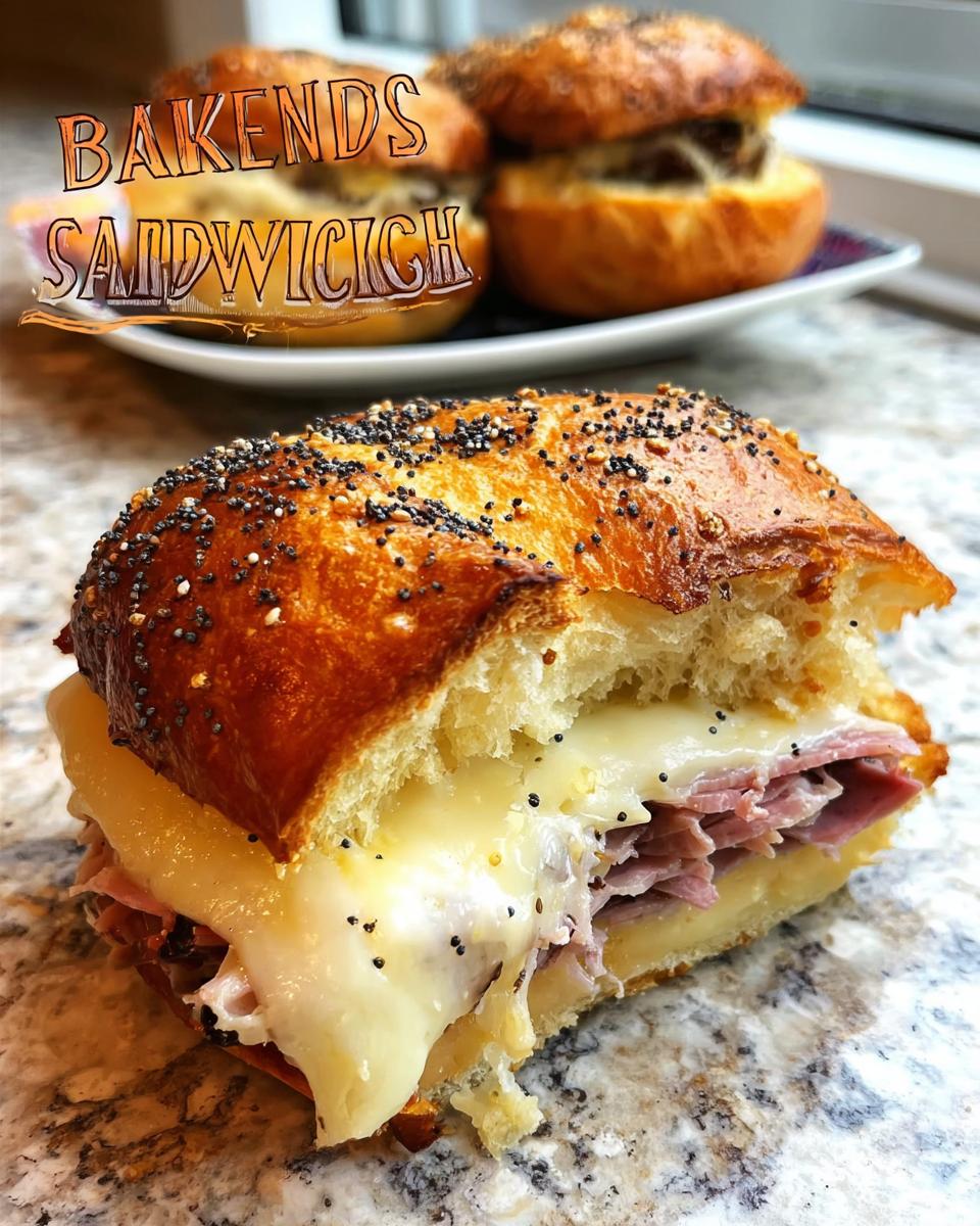 Close-up of a ham and cheese sandwich on a poppy seed bun, with melted cheese oozing out.