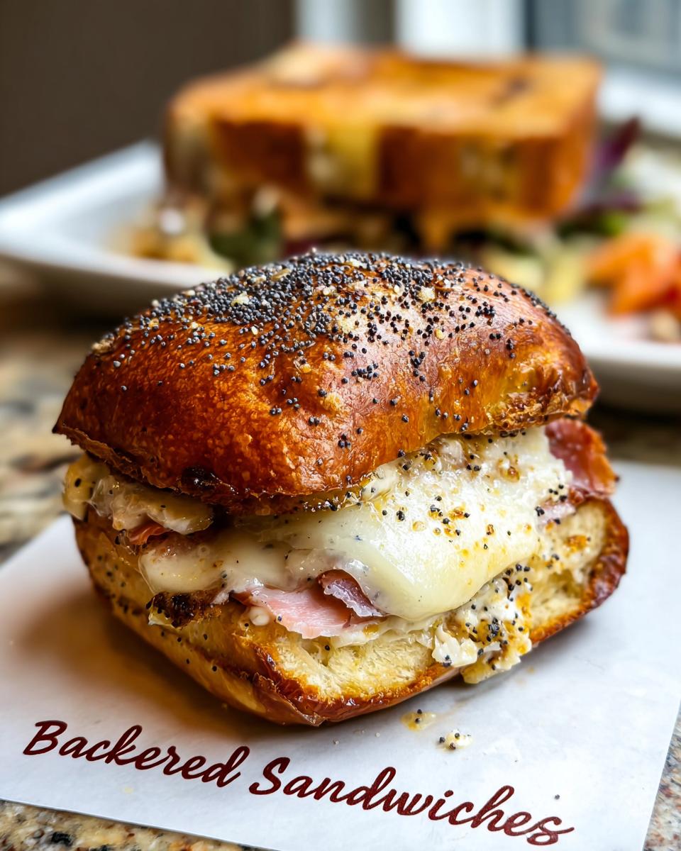 Close-up of a gourmet ham and cheese sandwich with melted cheese and poppy seed bun.