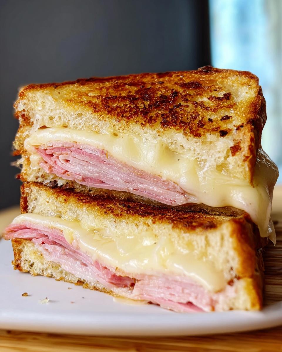 Close-up of a perfectly grilled ham and cheese sandwich, showcasing melted cheese and toasted bread.