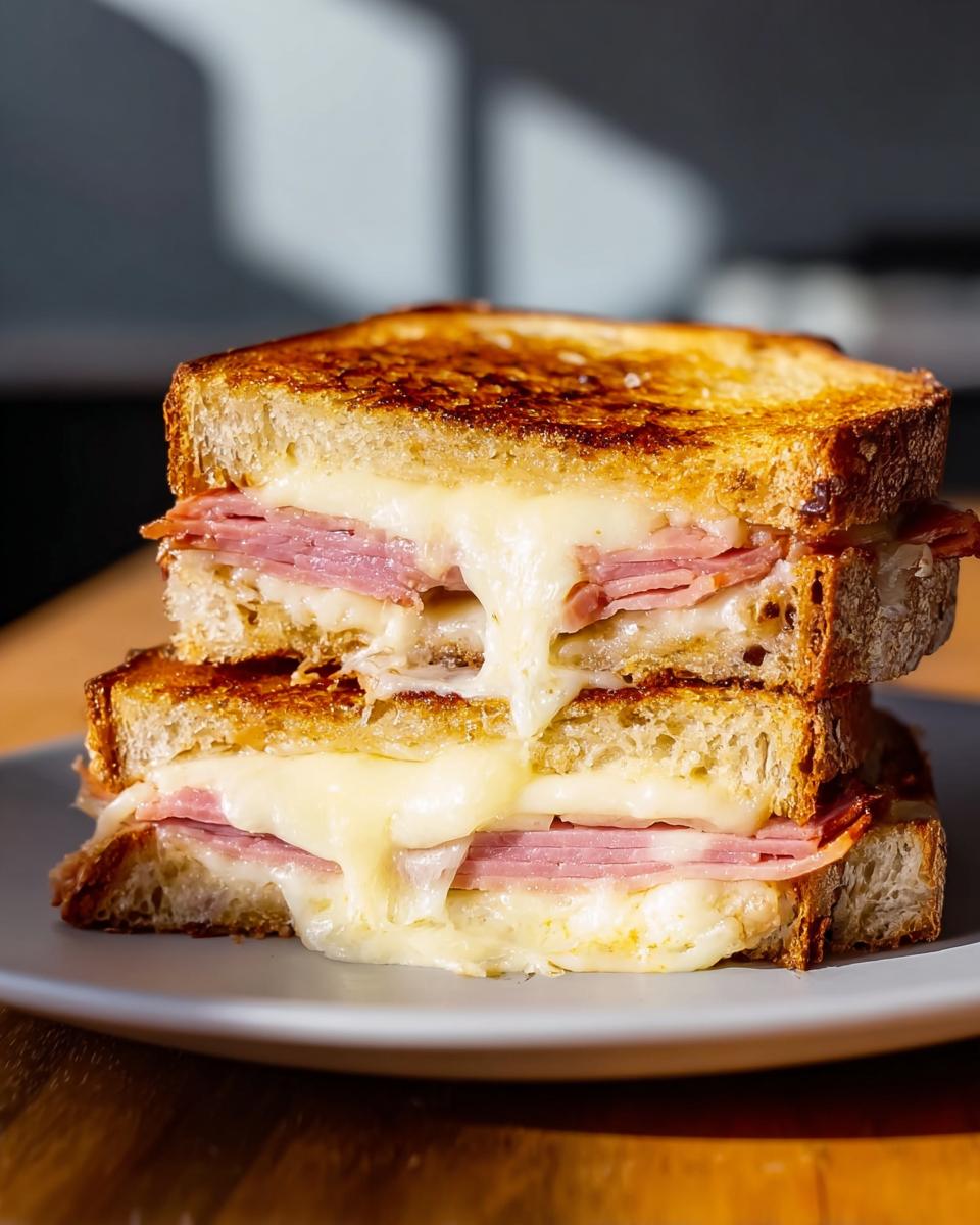 A stacked ham and cheese sandwich with melted cheese oozing out, a perfect example of sandwich ideas recipes.