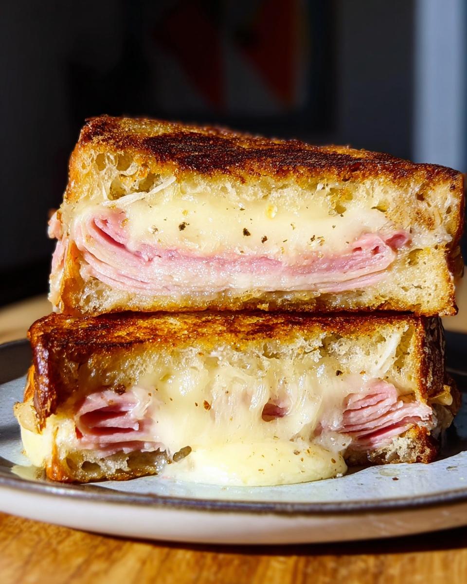 A perfectly grilled ham and cheese sandwich, cut in half, with melted cheese oozing out.