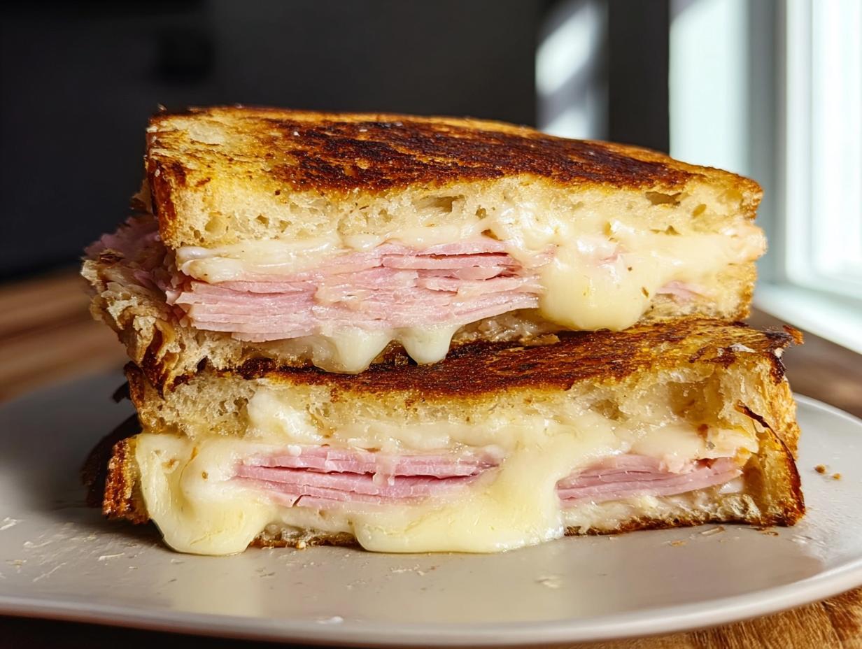 Close-up of a grilled ham and cheese sandwich, with melted cheese oozing out.