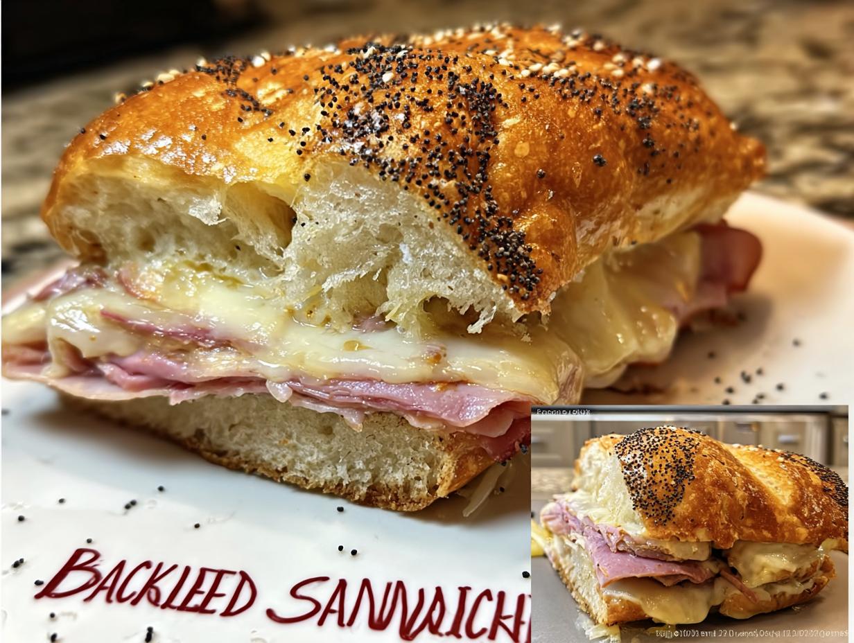 A close-up of a delicious ham and cheese sandwich on a poppy seed bun, part of sandwich ideas recipes.