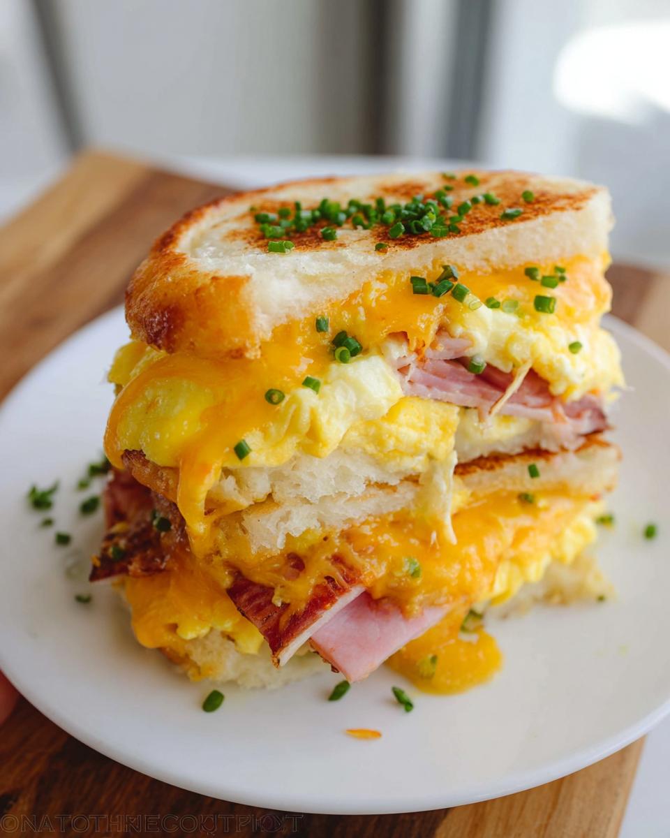 A delicious ham and egg sandwich recipe with melted cheese and chives, perfect for breakfast or lunch.