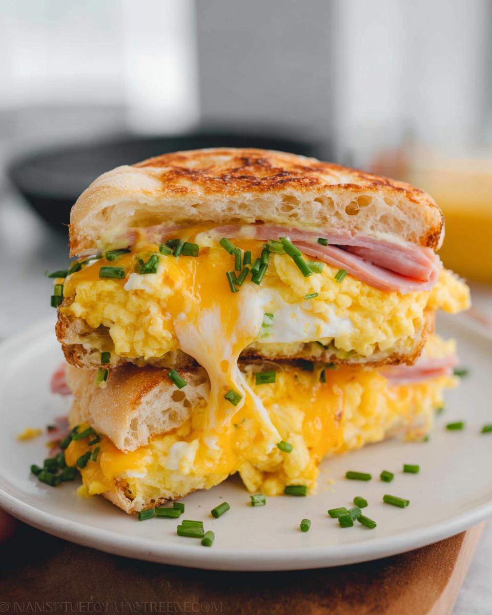 A stacked ham and egg sandwich recipe with melted cheese and chives on a white plate.