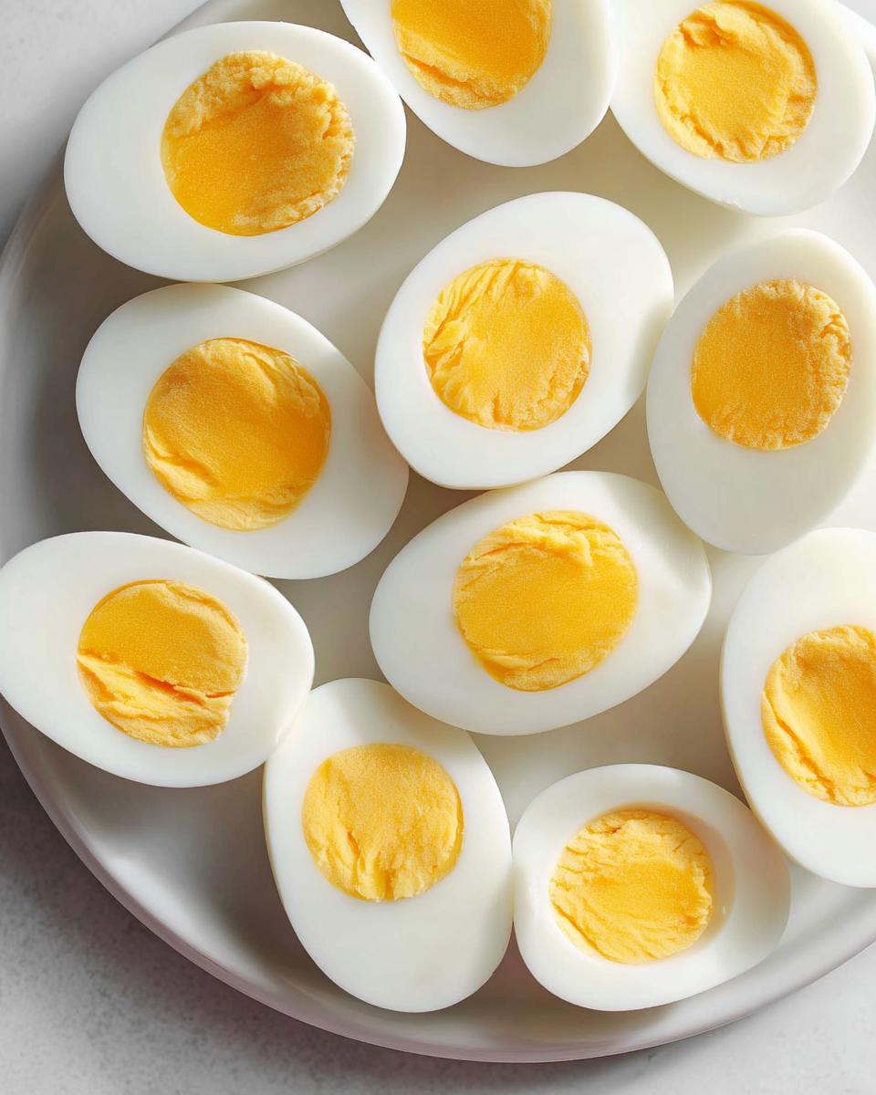 A plate filled with halved hard-boiled eggs, showcasing their bright yellow yolks, perfect for healthy meals recipes and meal prep.