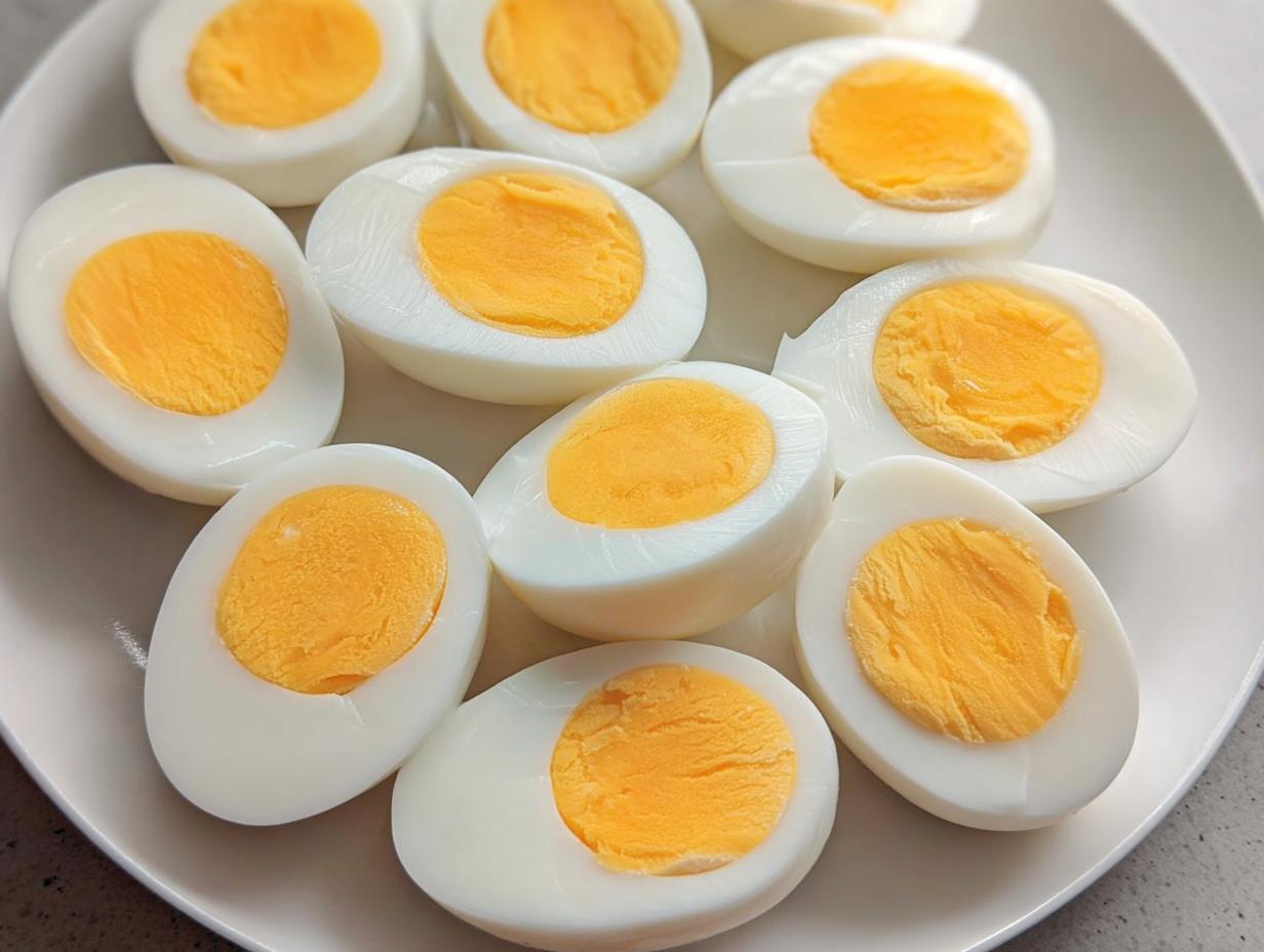 A plate full of perfectly cooked hard-boiled eggs, halved, showcasing bright yellow yolks, ideal for healthy meals recipes and meal prep.