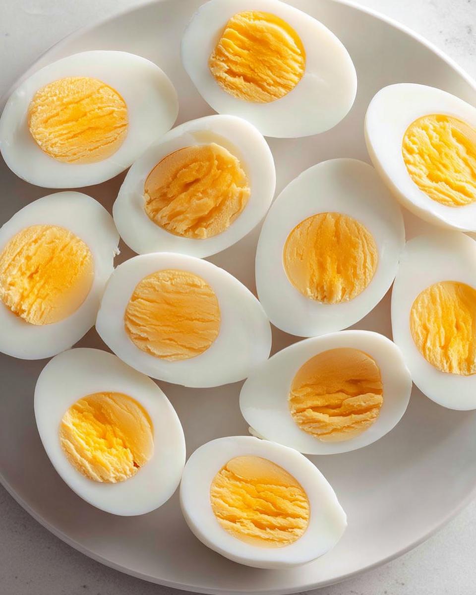 A plate of perfectly cooked hard-boiled eggs, halved to show their bright yellow yolks, ideal for healthy meals recipes and meal prep.