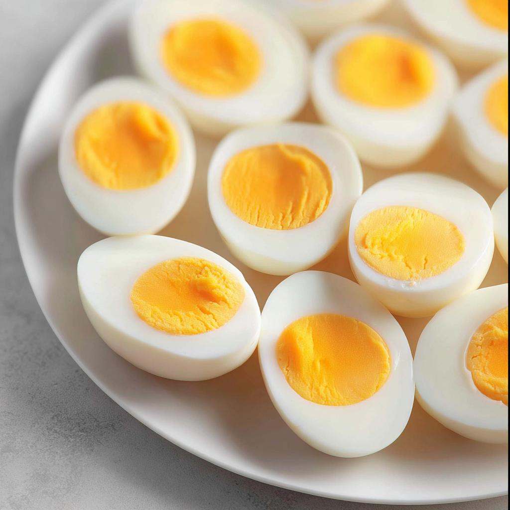 A white plate filled with perfectly cooked hard-boiled eggs, halved to show vibrant yellow yolks, ideal for healthy meals recipes and meal prep.
