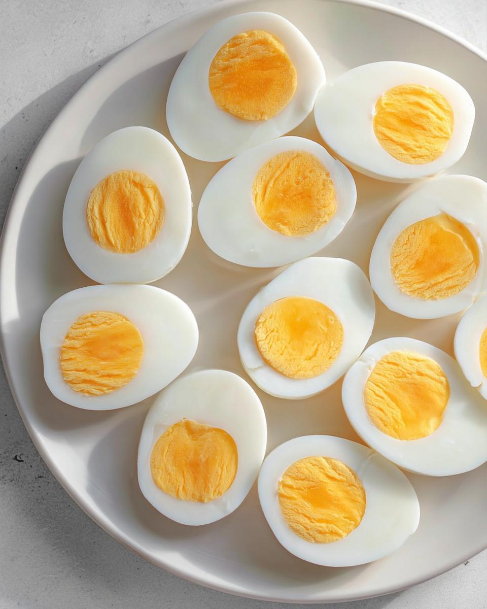 A plate of perfectly cooked hard-boiled eggs, halved to reveal bright yellow yolks, ideal for healthy meals recipes and meal prep.