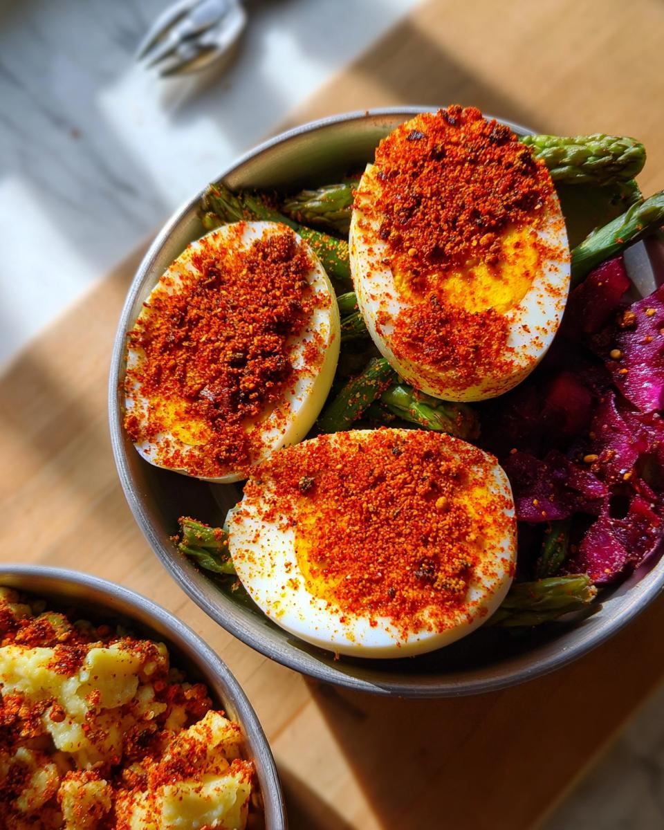 Three halves of hard-boiled eggs, sprinkled with red spice, served with asparagus and shredded purple cabbage. Part of The Ultimate Egg Recipes Guide for Beginners.