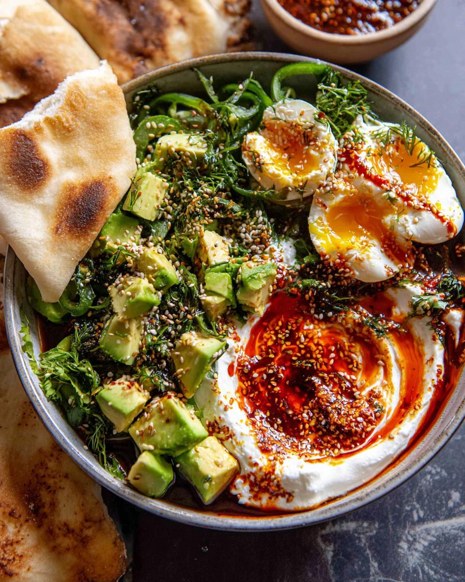 A vibrant bowl of healthy meal with avocado, poached eggs, greens, and yogurt, perfect for healthy meals recipes.