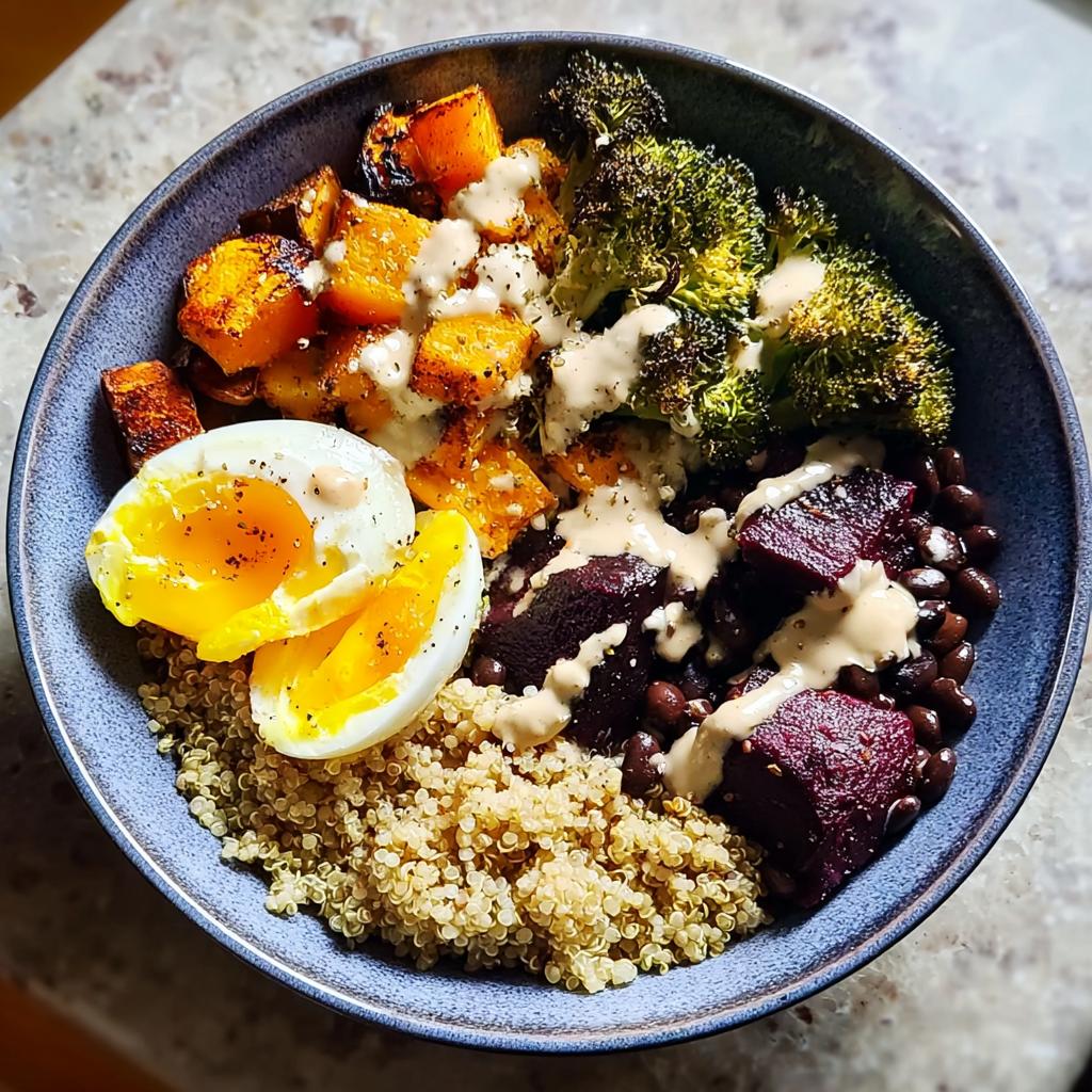 Close-up of a healthy breakfast bowl with quinoa, roasted vegetables, black beans, and a soft-boiled egg.