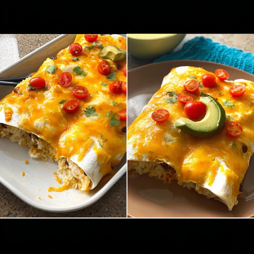 Close-up of healthy enchiladas filled with rice and beans, topped with melted cheese, cherry tomatoes, cilantro, and avocado.