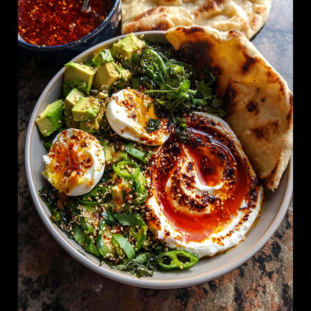 A vibrant healthy meal recipe bowl featuring avocado, soft-boiled eggs, greens, chili oil, and naan bread.