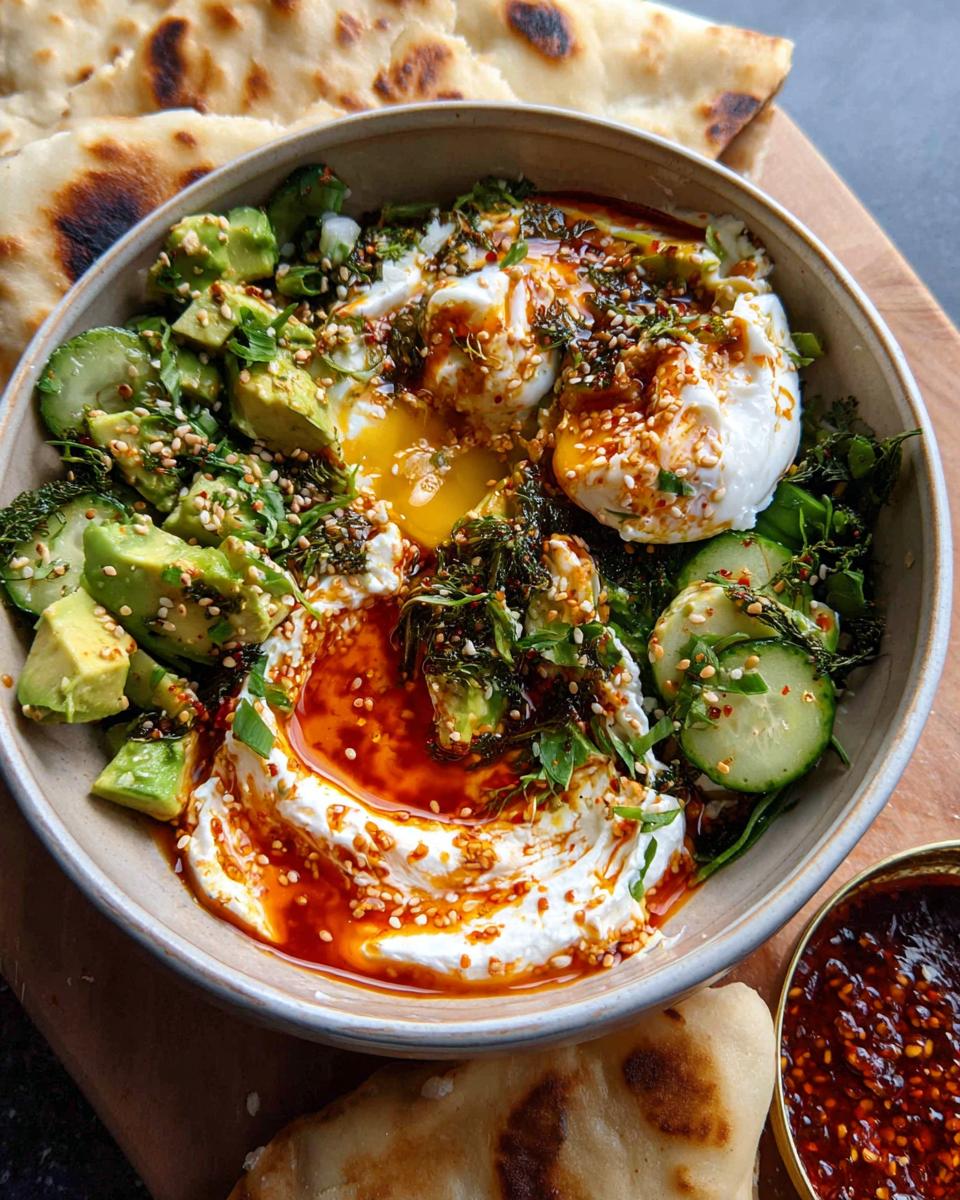 A healthy meal recipe bowl with poached eggs, avocado, cucumber, yogurt, and chili oil, served with flatbread.