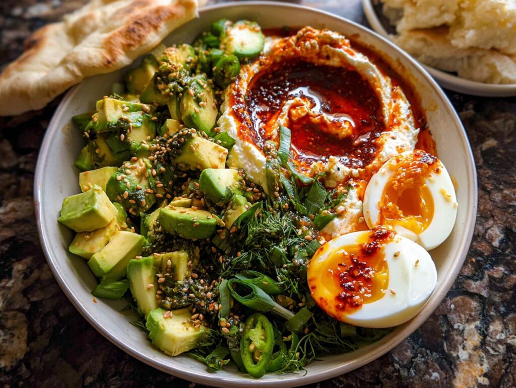 A vibrant, healthy breakfast bowl with diced avocado, creamy yogurt, chili oil, and soft-boiled eggs, perfect for healthy meals recipes.
