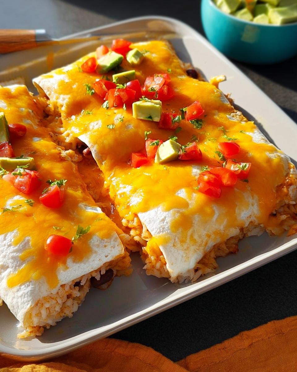 Close-up of two cheesy bean and rice burritos topped with diced tomatoes and avocado, part of 25-Ingredient Healthy Meals Recipes.