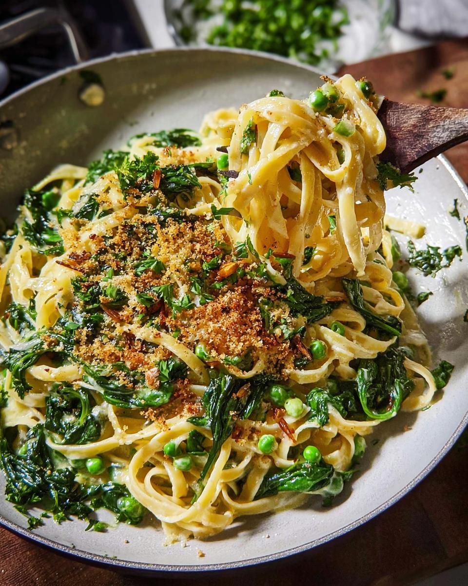 Close-up of creamy fettuccine pasta with peas, spinach, and breadcrumbs, a quick and healthy meal.