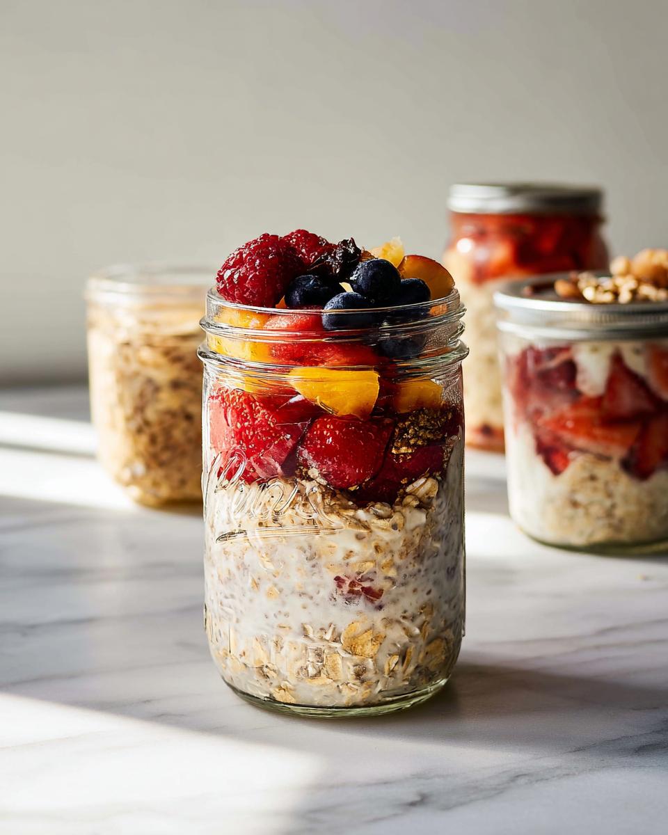 Overnight oats in a mason jar, layered with fresh berries, peaches, and granola. Part of healthy meals recipes.