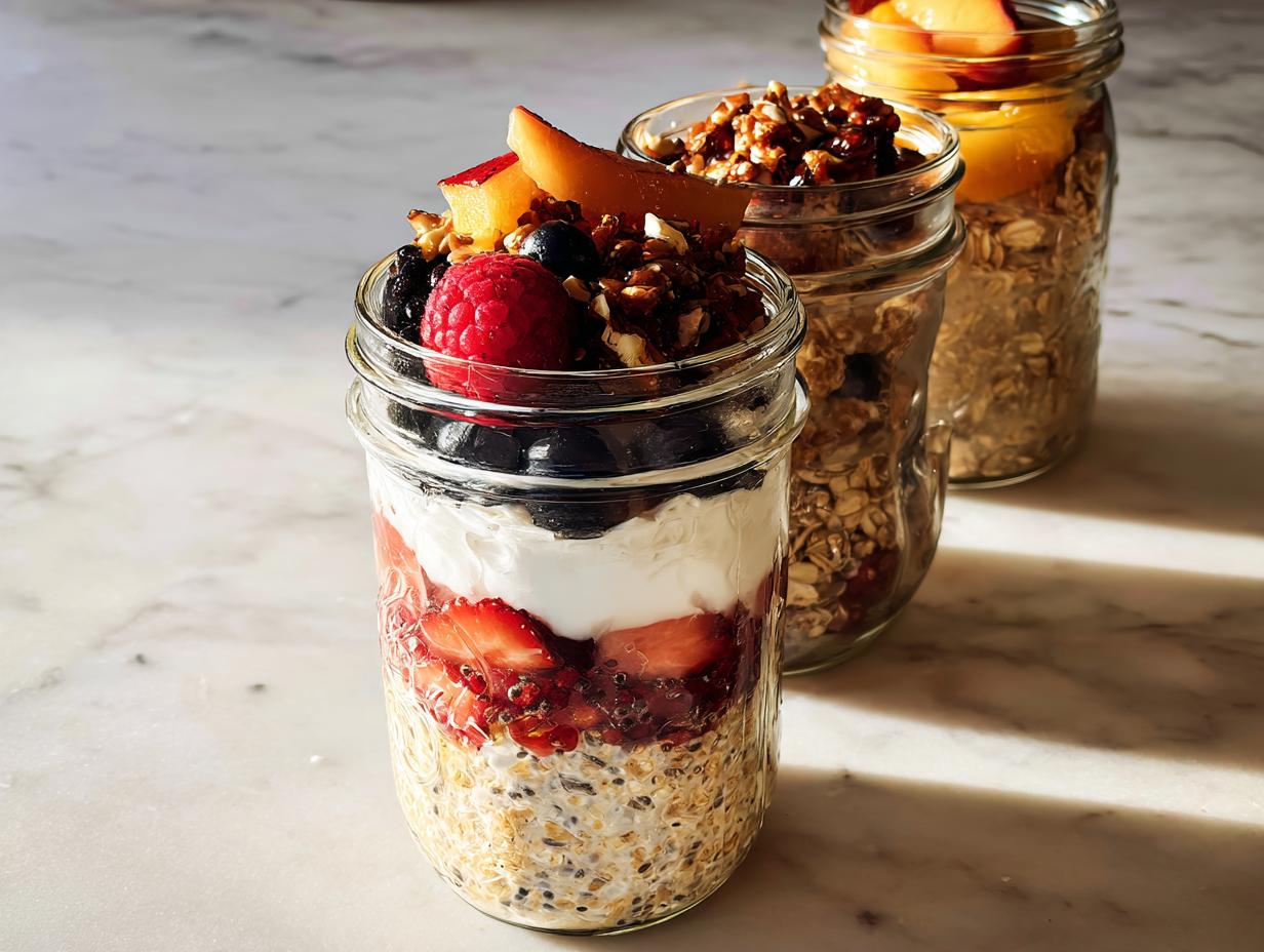 Three mason jars filled with overnight oats, yogurt, berries, and fruit, showcasing healthy meals recipes.