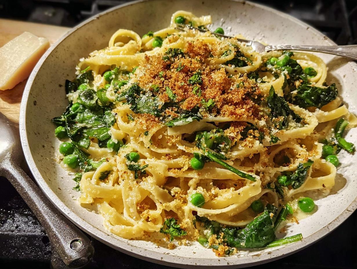 A close-up of a bowl of fettuccine pasta with peas, spinach, and toasted breadcrumbs, part of healthy meals recipes.