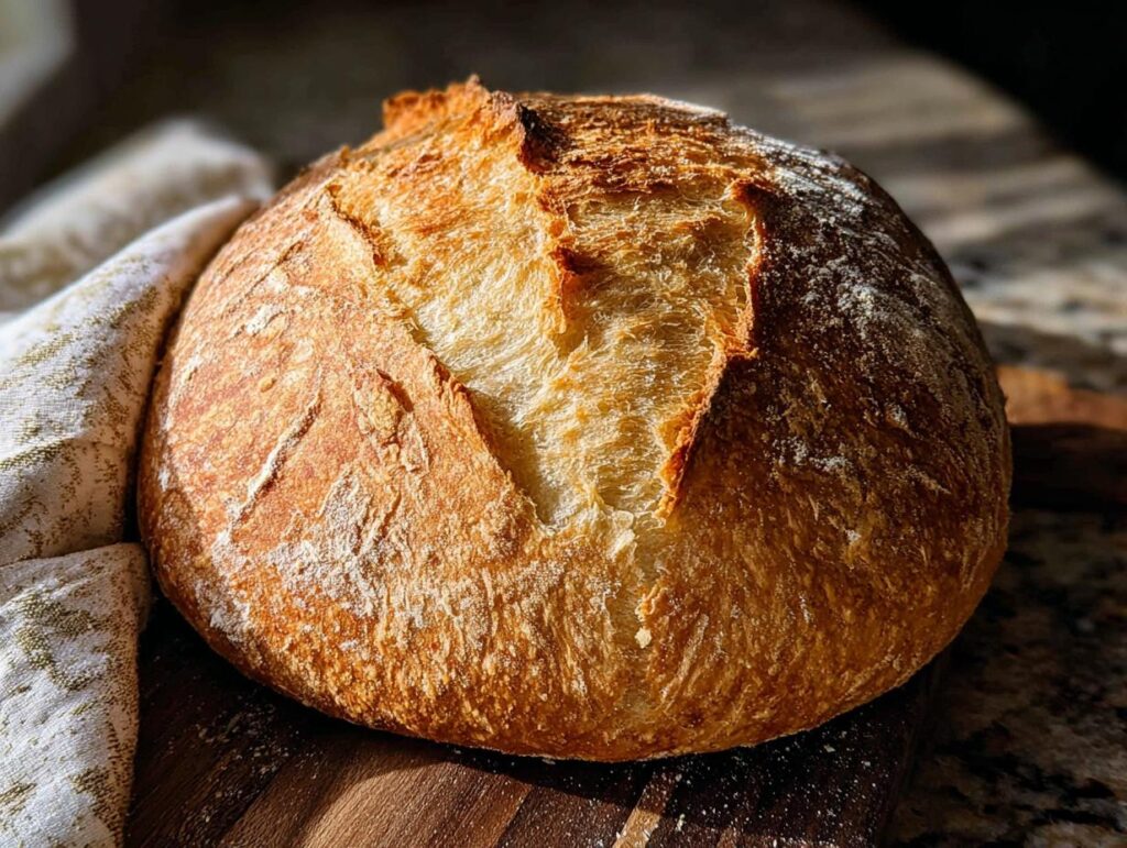 A golden-brown, crusty loaf of sourdough bread, a key component of healthy meals recipes.