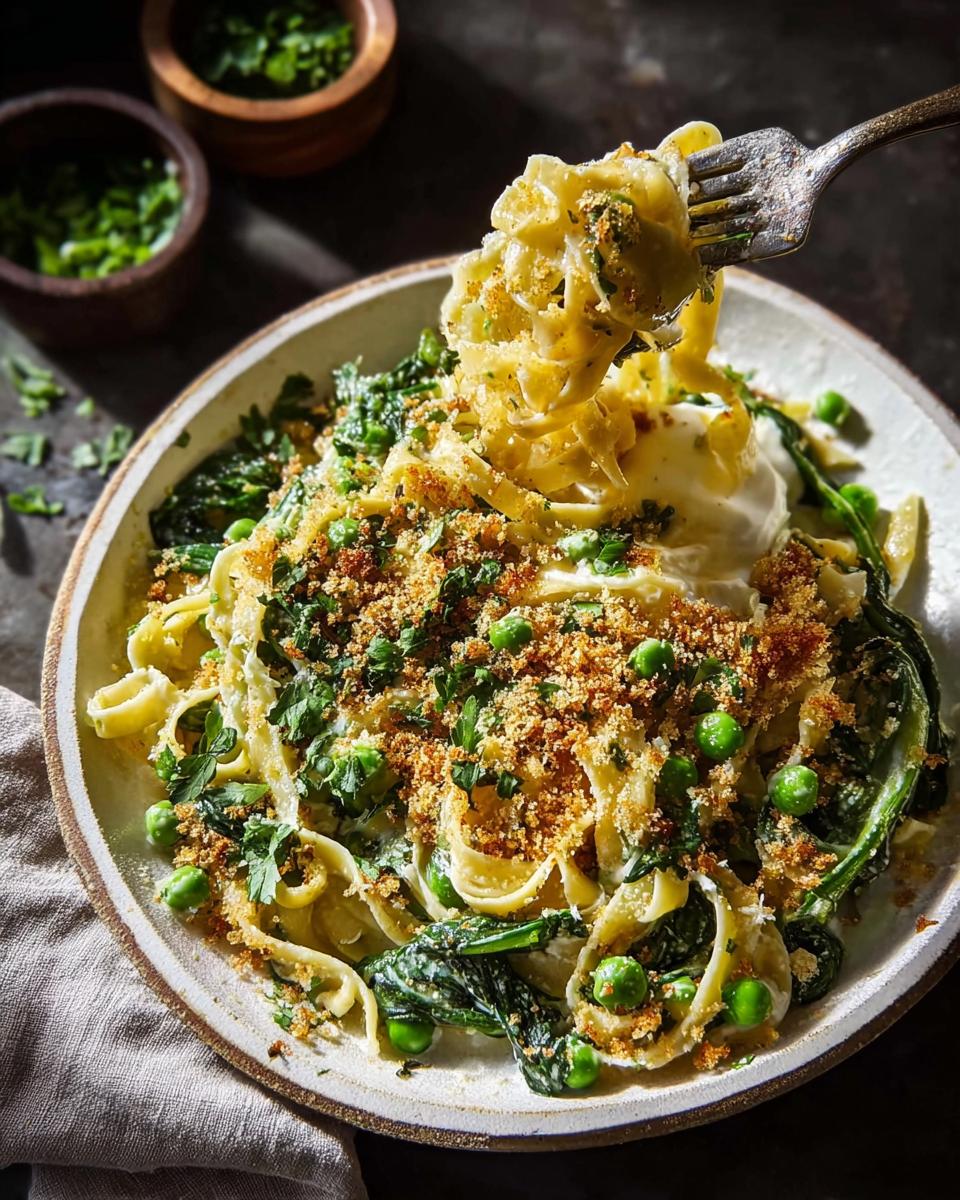 Close-up of a fork twirling fettuccine pasta with peas, greens, and toasted breadcrumbs, a quick and healthy meal.