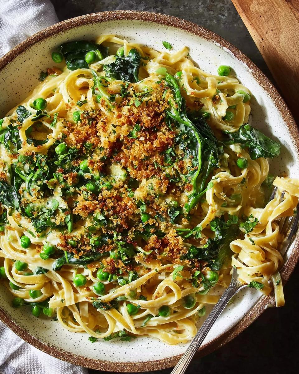 A close-up of creamy fettuccine pasta with peas, spinach, and toasted breadcrumbs, a healthy meal ready in 20 minutes.