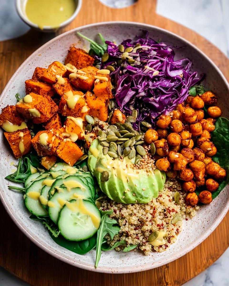 A vibrant and healthy rice bowl recipe featuring roasted sweet potatoes, chickpeas, quinoa, avocado, red cabbage, and cucumber, drizzled with dressing.