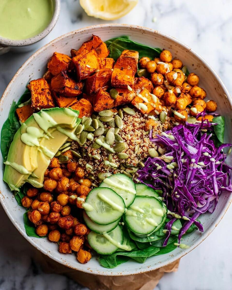 A vibrant and healthy rice bowl recipe featuring roasted sweet potatoes, chickpeas, quinoa, avocado, cucumber, and red cabbage.
