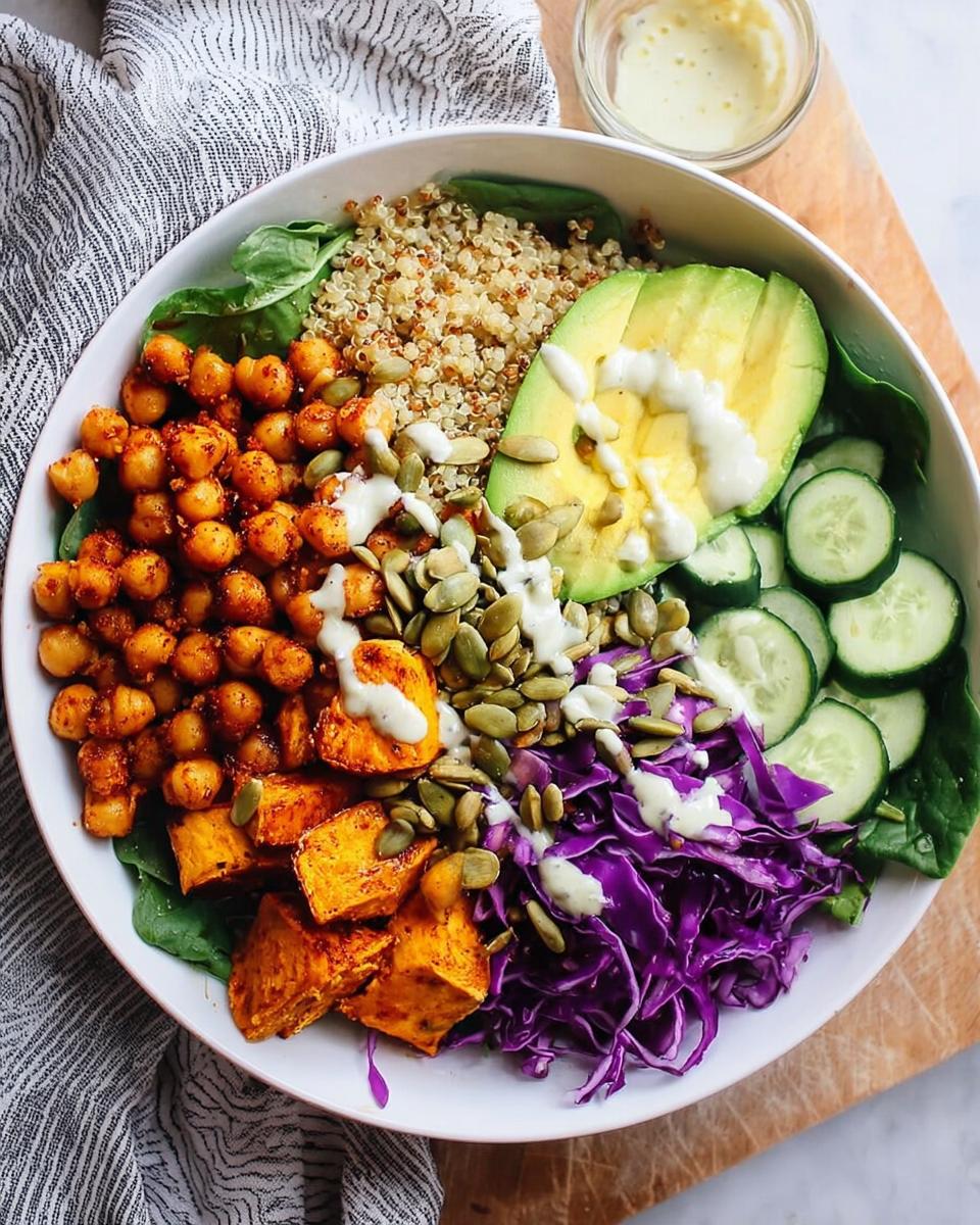 A vibrant and healthy rice bowl recipe featuring seasoned chickpeas, roasted sweet potatoes, quinoa, avocado, cucumber, and red cabbage.