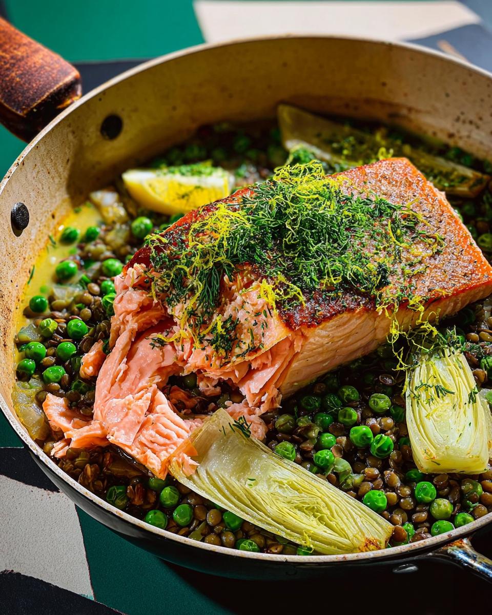 A healthy salmon fillet served over lentils and peas with fennel and lemon, part of The Ultimate Healthy Meals Recipes Guide for Beginners.