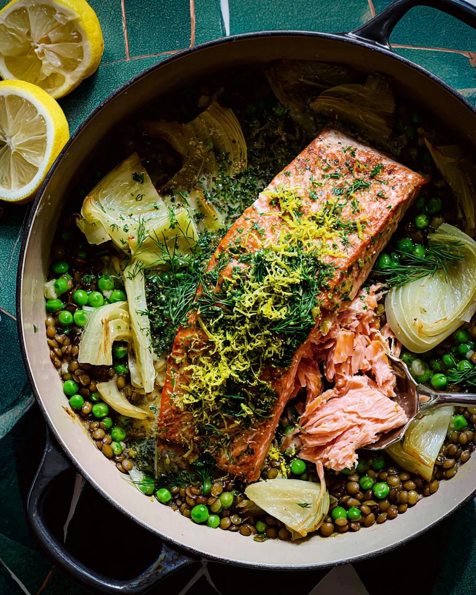A healthy meal featuring a salmon fillet over lentils, peas, and fennel, garnished with lemon zest and dill.