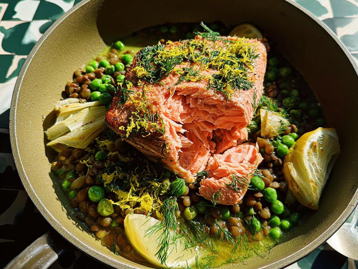 A healthy meal of pan-seared salmon with lentils, peas, fennel, and lemon slices, garnished with dill and lemon zest.