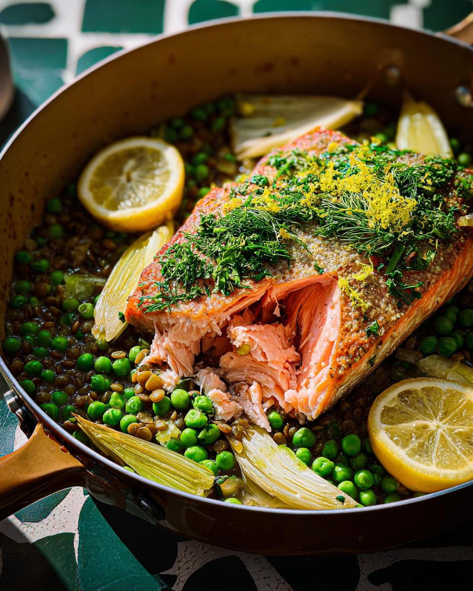 A beautiful pan of baked salmon with lentils, peas, fennel, and lemon slices, perfect for healthy meals recipes.