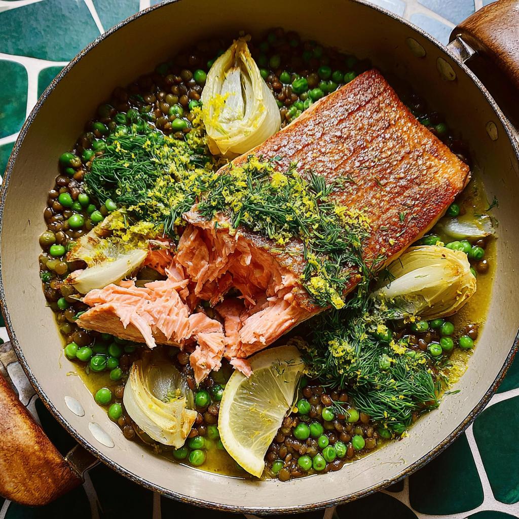 A healthy meal featuring a flaky salmon fillet served over lentils and peas with fennel and lemon.