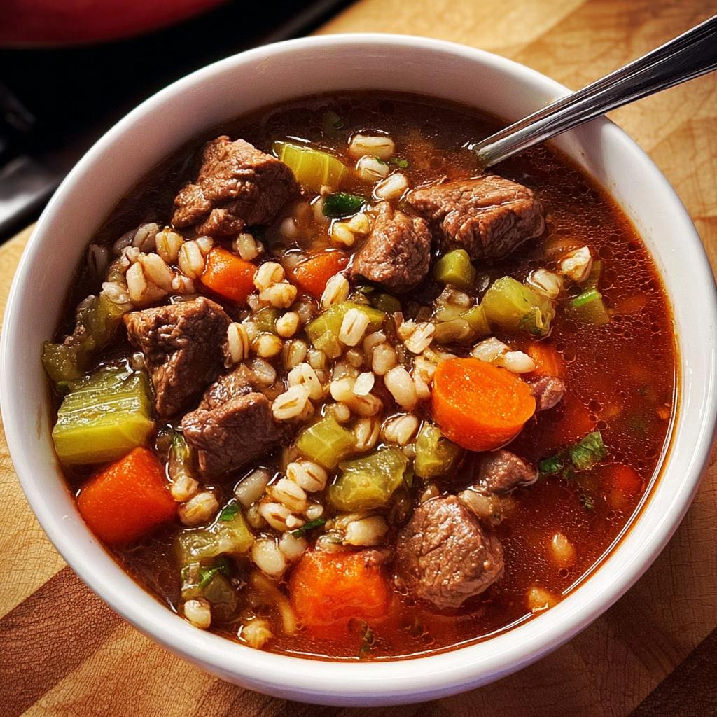 A bowl of hearty beef barley soup with chunks of beef, carrots, and celery, perfect for soup recipes meal prep.