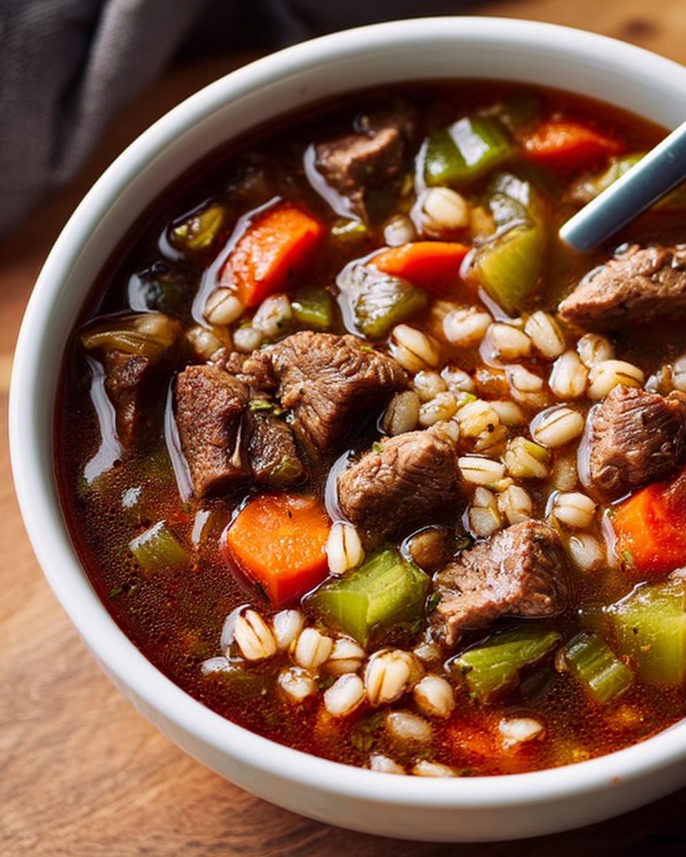 Close-up of a bowl of hearty beef and barley soup, packed with chunks of beef, carrots, celery, and barley.